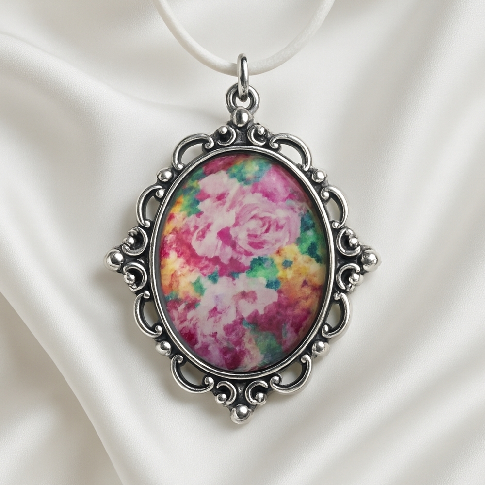 Colorful Ornate Silver Floral Pendant on White Cord – Vintage Elegance Necklace